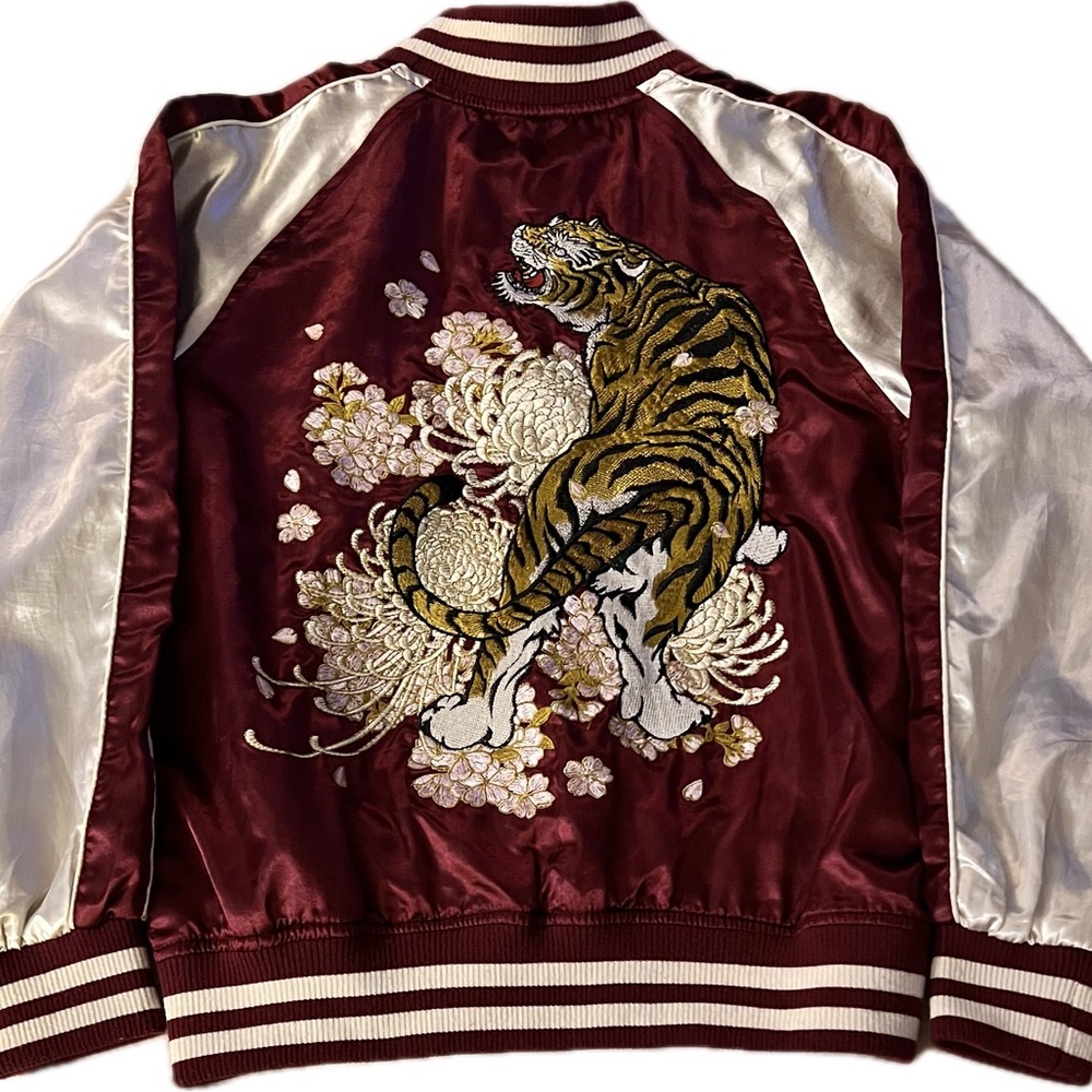 Women's Embroidered Bomber Jacket - Burgundy and White